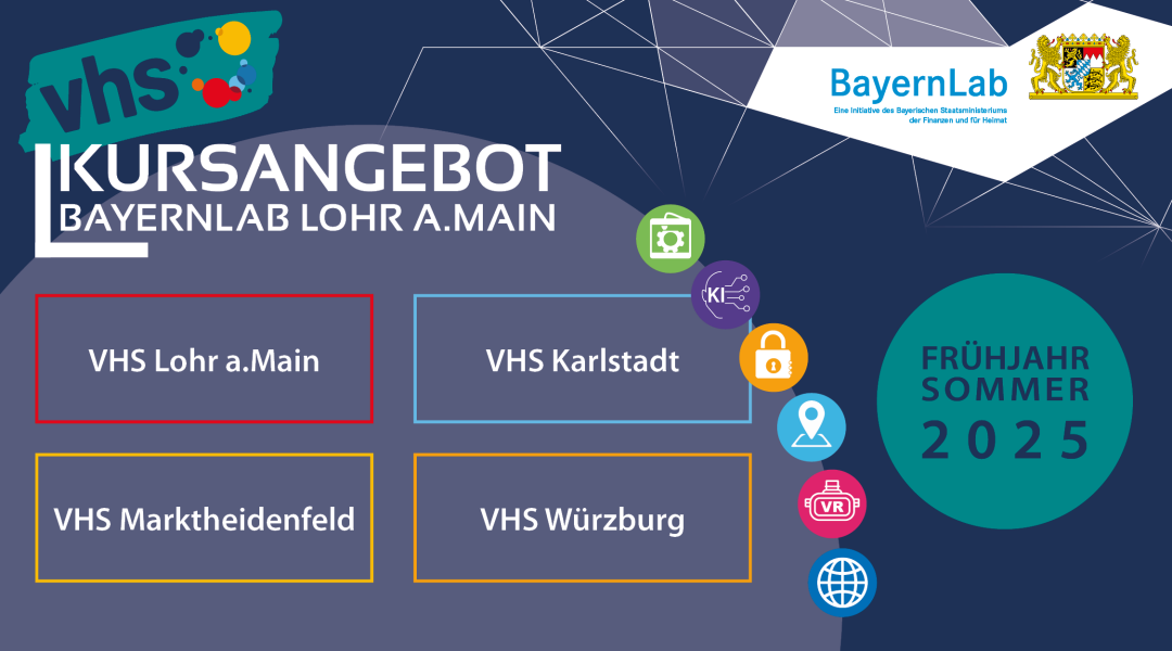 Die Grafik ist in den Farben Dunkelgrau, Dunkelgrün und Dunkelblau gehalten. Oben rechts steht BayernLab und oben links, etwas schräg, steht VHS. Darunter steht in weißer Schrift: 