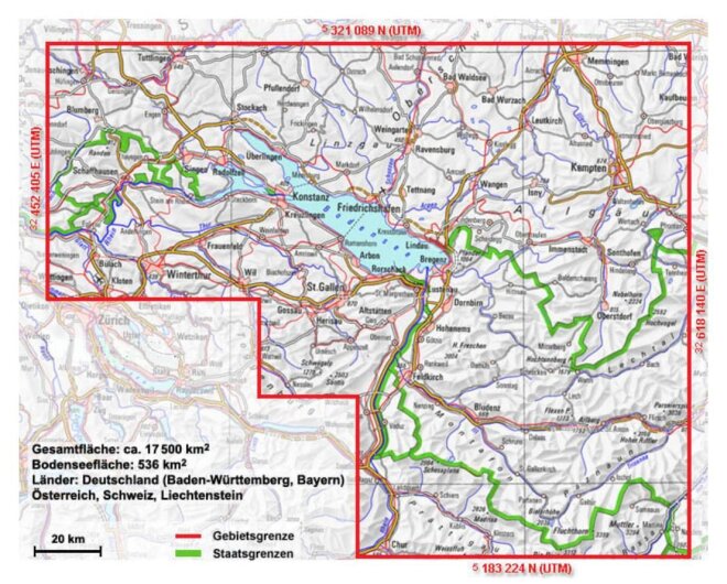 Karte vom Bodensee mit Umgriff und folgenden Informationen: Gesamtfläche ca. 17 500 km², Bodenseefläche 536 km², Länder Deutschland (Baden-Württemberg, Bayern) Österreich Schweiz Liechtenstein