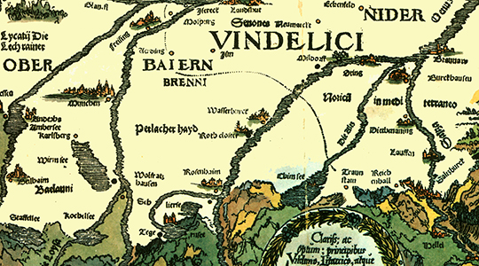 Ausschnitt einer farbigen historischen Karte von Ober- und Niederbayern.